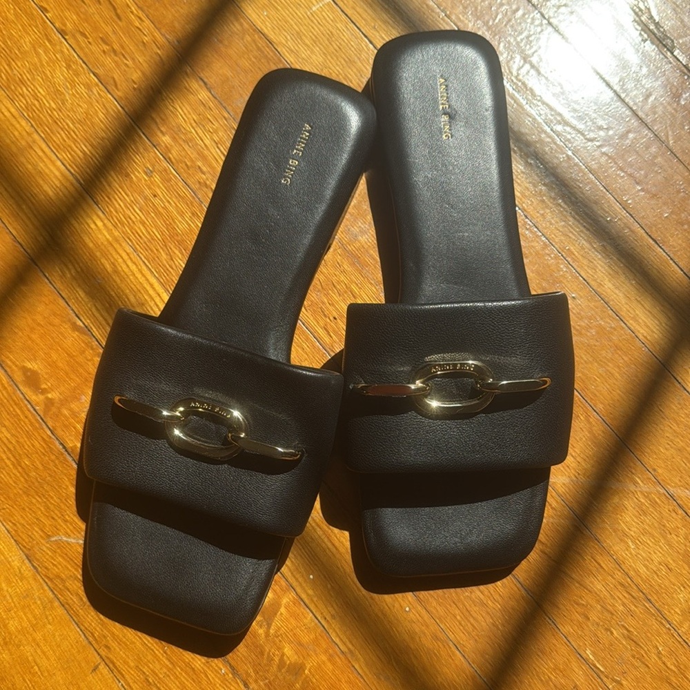 Anine Bing Ria Black Sandals with Signature Gold Link